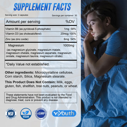 Viyouth Magnesium 7 Complex Supplement Advanced with 7 Forms of Magnesium (Glycinate, Malate, Chelate, Aspartate, Orotate, Taurine, Citrate), Zinc, Vitamin D3 & Vitamin B6 for Sleep & Muscle, 60 Capsules