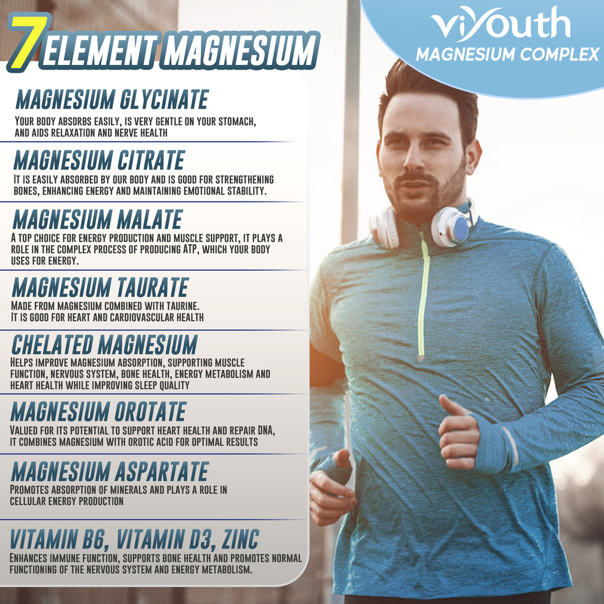 Viyouth Magnesium 7 Complex Supplement Advanced with 7 Forms of Magnesium (Glycinate, Malate, Chelate, Aspartate, Orotate, Taurine, Citrate), Zinc, Vitamin D3 & Vitamin B6 for Sleep & Muscle, 60 Capsules