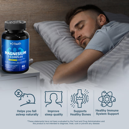 Viyouth Magnesium 7 Complex Supplement Advanced with 7 Forms of Magnesium (Glycinate, Malate, Chelate, Aspartate, Orotate, Taurine, Citrate), Zinc, Vitamin D3 & Vitamin B6 for Sleep & Muscle, 60 Capsules
